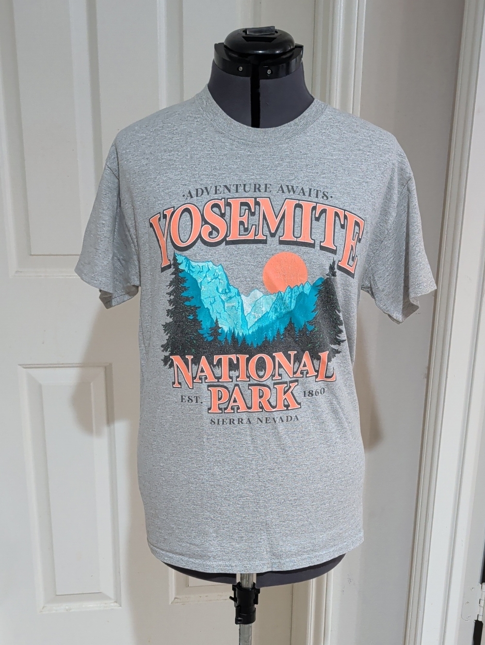Yosemite National Park Graphic Tee - Gray with Coral & Teal Print Men's Medium
